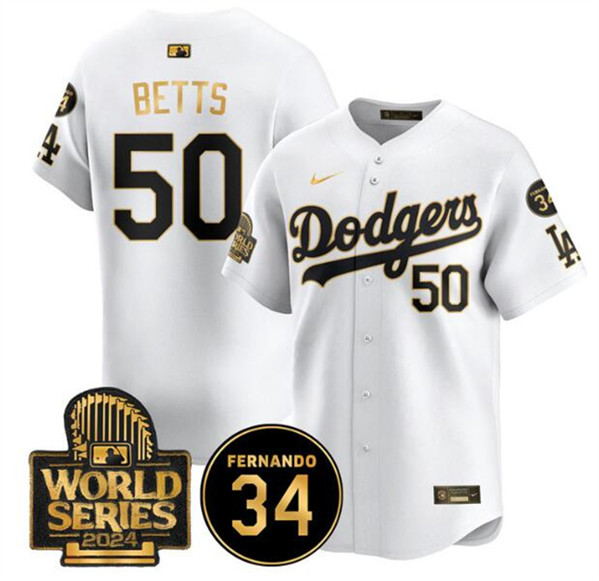 Los Angeles Dodgers #50 Mookie Betts White Gold 2024 World Series With Fernando Memorial Patch Limited Stitched Jersey